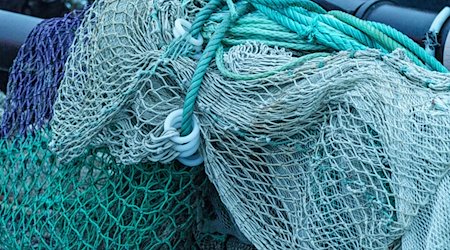 Netze lagern auf der Pier des Fischereihafens. / Foto: Axel Heimken/dpa