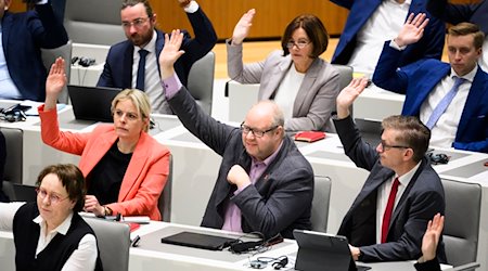 Jörn Domeier (2.v.r, SPD) und weitere Mitglieder der SPD-Fraktion, stimmen für die Aufhebung der Immunität des Abgeordneten. / Foto: Julian Stratenschulte/dpa