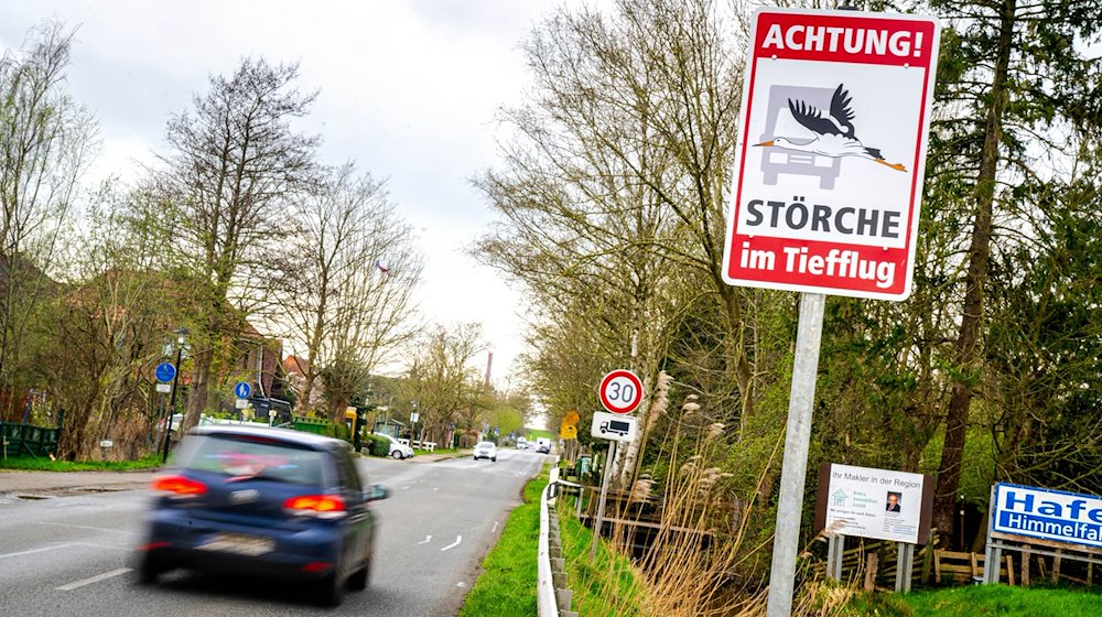 «Achtung! Störche im Tiefflug» steht auf einem Schild am Ortseingang von Sandstedt. / Foto: Sina Schuldt/dpa