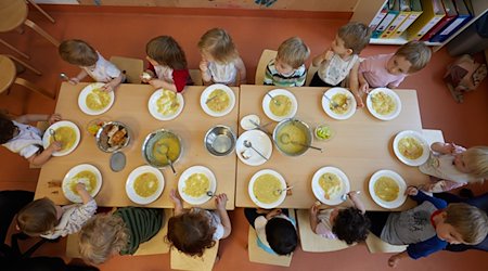 Die Krippen-Kinder einer Kita essen Kartoffelsuppe zu Mittag. / Foto: Georg Wendt/dpa/Archivbild