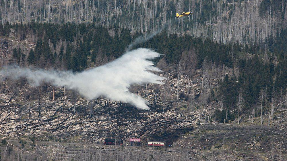 Wasser wird aus der Luft auf eine Brandfläche abgeworfen. / Foto: Matthias Bein/dpa