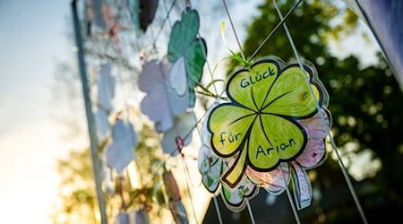 «Glück für Arian» steht auf einem von Kindern gebastelten Kleeblatt. / Foto: Sina Schuldt/dpa