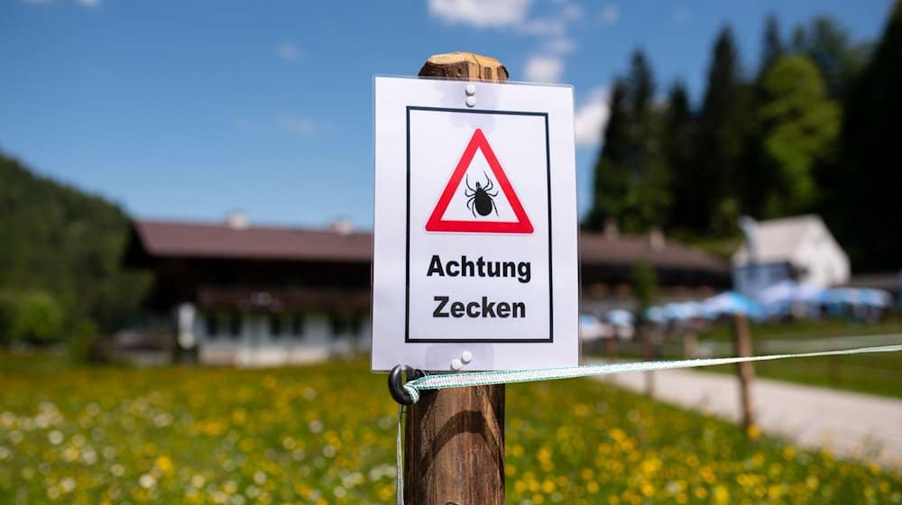 Ein Schild warnt an einem Wanderweg vor Zecken. / Foto: Sven Hoppe/dpa