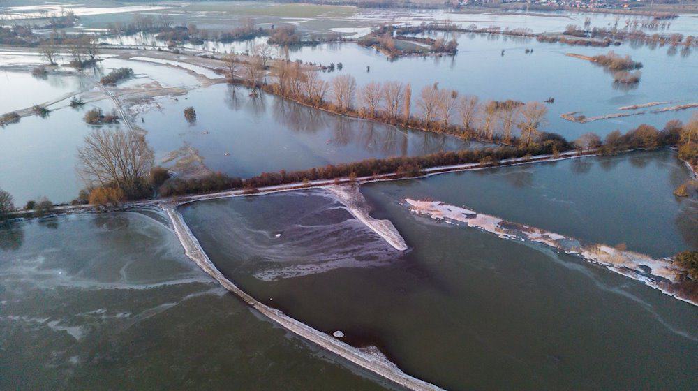 Wasser vom über die Ufer getretenen Fluss Leine steht in der Leinemasch südlich von Hannover. / Foto: Julian Stratenschulte/dpa