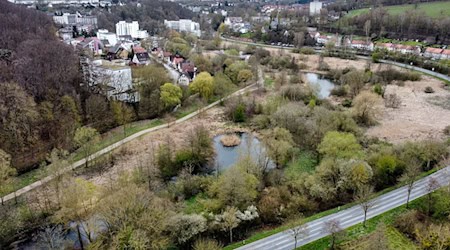 Blick auf das Gelände der Landesgartenschau Bad Gandersheim mit dem Auepark im Vordergrund und Teilen der Stadt im Hintergrund.) / Foto: Swen Pförtner/dpa