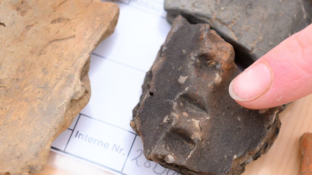 Eine Archäologin zeigt auf einen Teil von einem Fingertupfen zur Datierung der Fundstücke. / Foto: Swen Pförtner/dpa