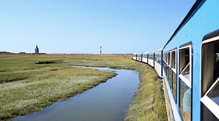 Die Inselbahn fährt über die Salzwiesen und bringt Urlauber von der Fähre zum Bahnhof. / Foto: Lars Penning/dpa/Symbolbild