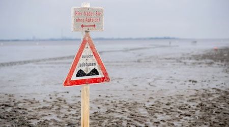 Ein Schild mit der Aufschrift "Vorsicht Jadebusen" steht im Wattboden am Strand von Dangast. / Foto: Hauke-Christian Dittrich/dpa