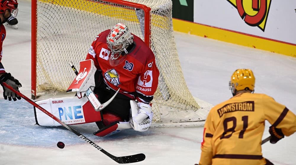 Bremerhavens Torwart Maximilian Franzreb wehrt den Puck ab. / Foto: Stringer/dpa