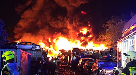 Feuerwehrleute versuchen, den Brand bei einer Recyclingfirma zu löschen.  / Foto: -/Nord-West-Media TV/dpa
