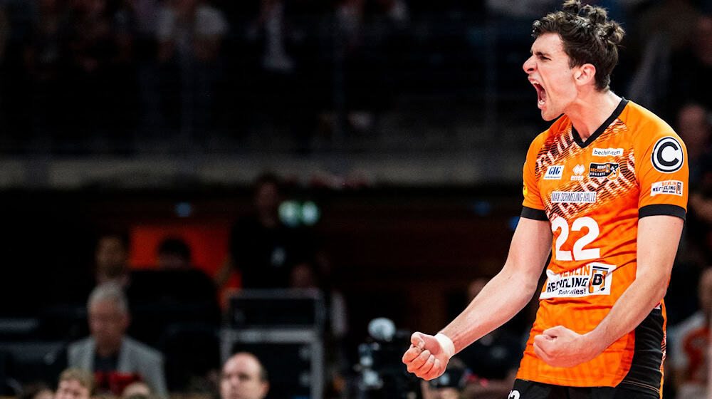 Die Freude muss raus: Jake Hanes (BR Volleys) / Foto: Julius Frick/dpa