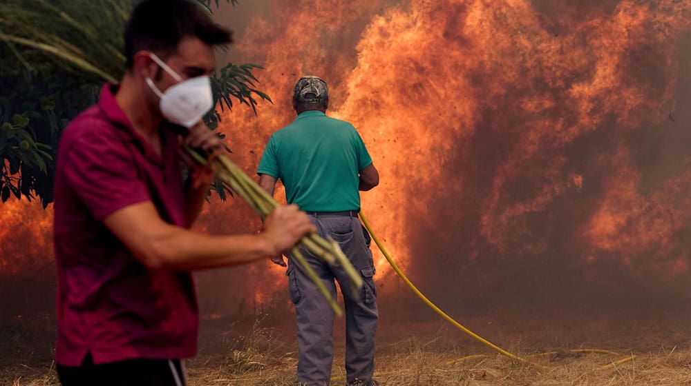 Einwohner kämpfen gegen ein Feuer, das sich auf das Dorf Rebordondo in der Nähe von Ourense im Nordwesten Spaniens ausbreitet.  / Foto: Pablo Garcia/AP/dpa