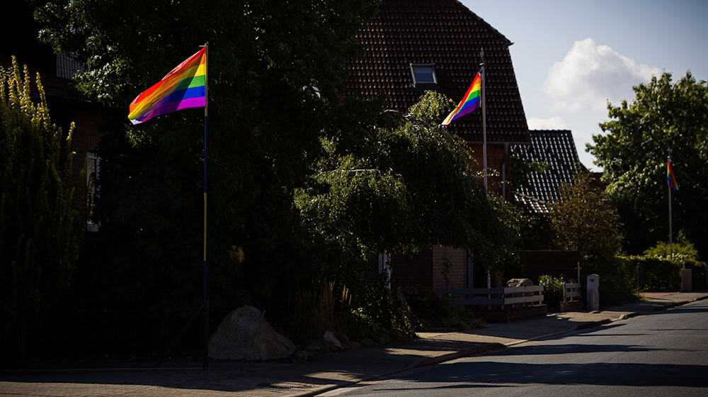 Regenbogenfahnen wehen in einer Straße in Wahrenholz. / Foto: Moritz Frankenberg/dpa