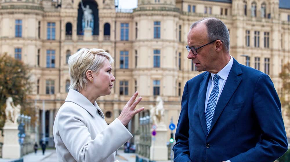 Beim Antrittsbesuch von Bundeskanzler Friedrich Merz (CDU) ging es auch um zusätzliche Mittel des Bundes für den Ausbau der Häfen.   / Foto: Jens Büttner/dpa