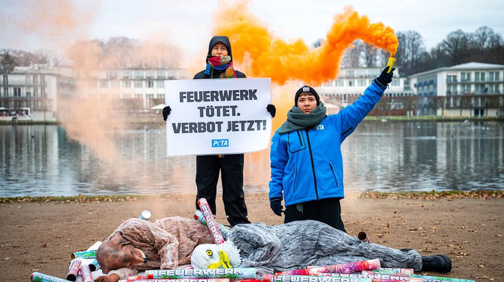 Fünf Aktivisten versammelten sich vor der Konferenz. / Foto: Sina Schuldt/dpa