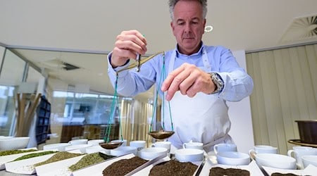 Teetester Stefan Feldbusch bereitet eine Verkostung vor und wiegt den Tee ab. / Foto: Philipp Schulze/dpa