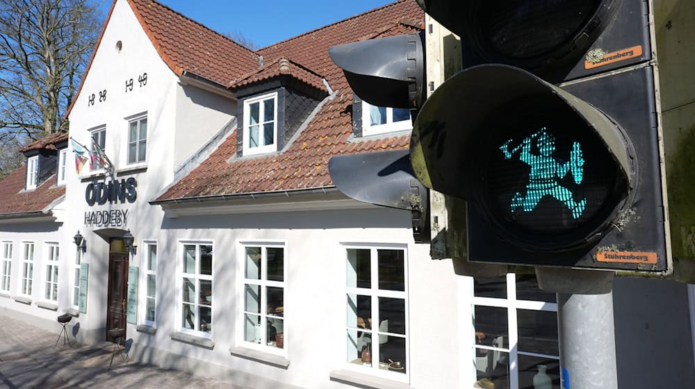 Wikinger-Ampelmännchen regeln Verkehr bei Haithabu. (Archivbild) / Foto: Marcus Brandt/dpa