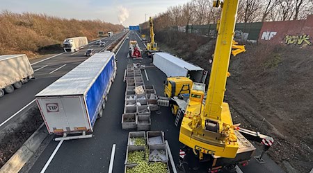 Aus bislang ungeklärten Gründen kam der mit Obst beladene Lastwagen von der Fahrbahn ab. / Foto: Christian Elsner/Hannoversche Allgemeine Zeitung/dpa