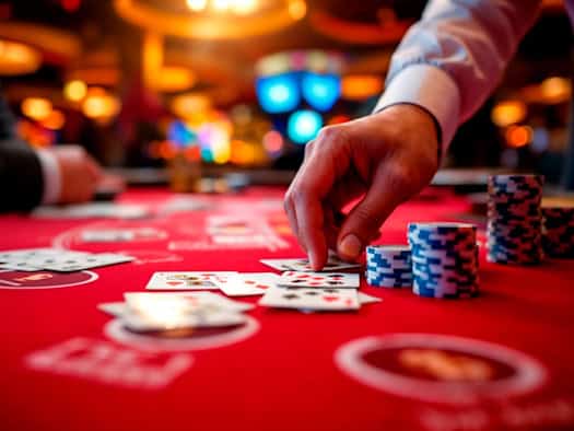 Eine Hand legt Spielkarten auf einen roten Pokertisch in einem Casino, umgeben von bunten Jetons und Spielchips – Symbol für strategisches Spielen und Casino-Atmosphäre.