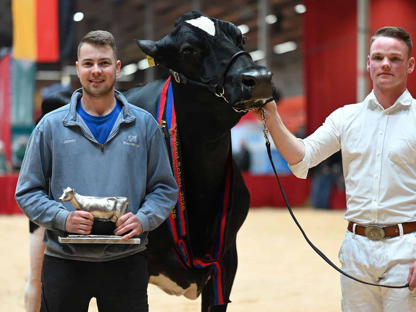 Züchter Jannes Rohdemann (l.) hat nun mit Kuh Alge eine Miss Ostfriesland im Stall stehen.  / Foto: Lars Penning/dpa