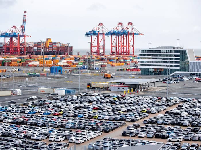 Nicht nur Container, auch viele Autos werden im JadeWeserPort umgeschlagen - auch dafür soll ein neues Terminal entstehen. / Foto: Hauke-Christian Dittrich/dpa