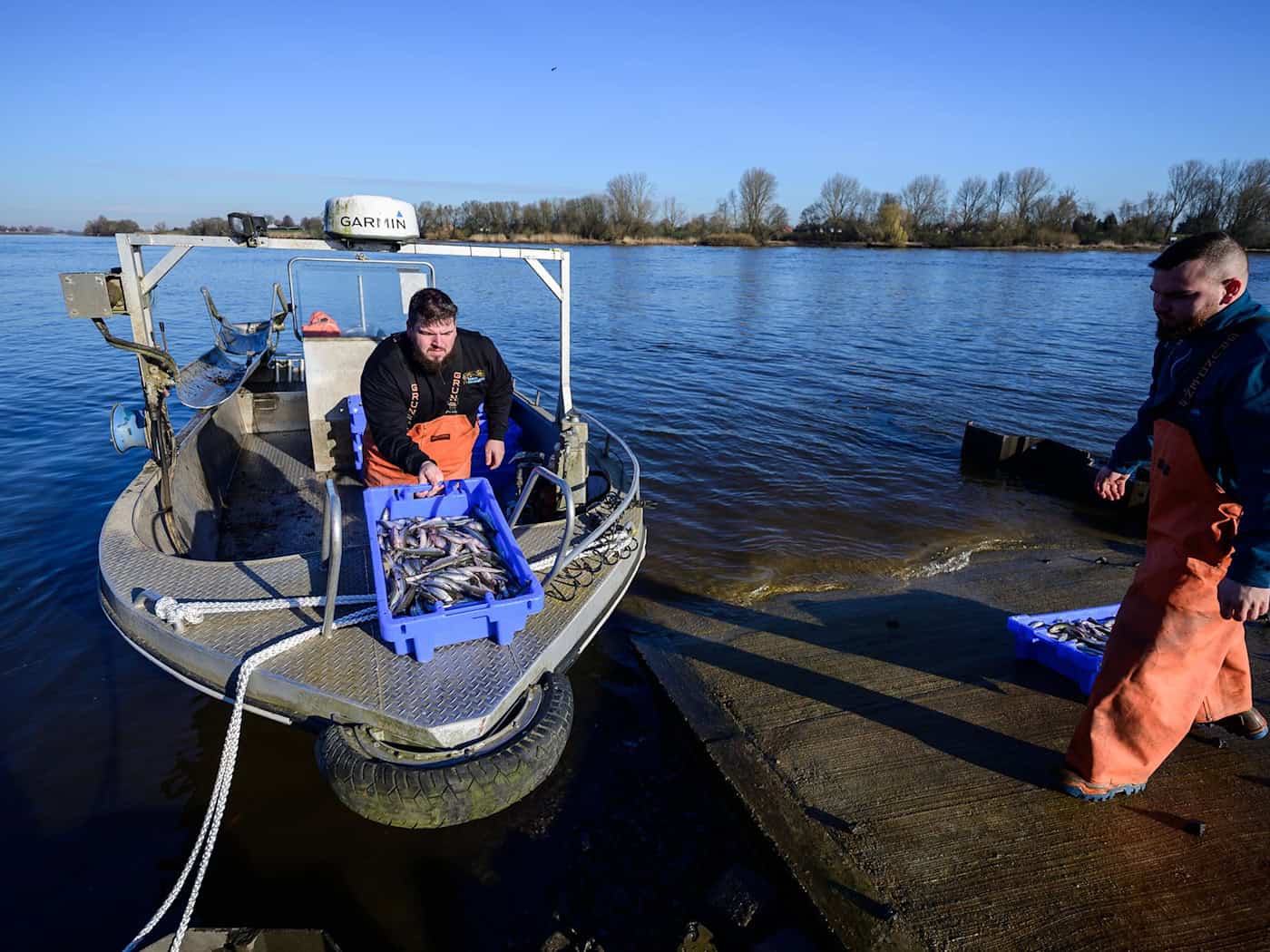 Die beiden Brüder und Fischer Per-Willem (l) und Jonas Grube entladen Kisten mit frischem Stint vom Boot.  / Foto: Philipp Schulze/dpa