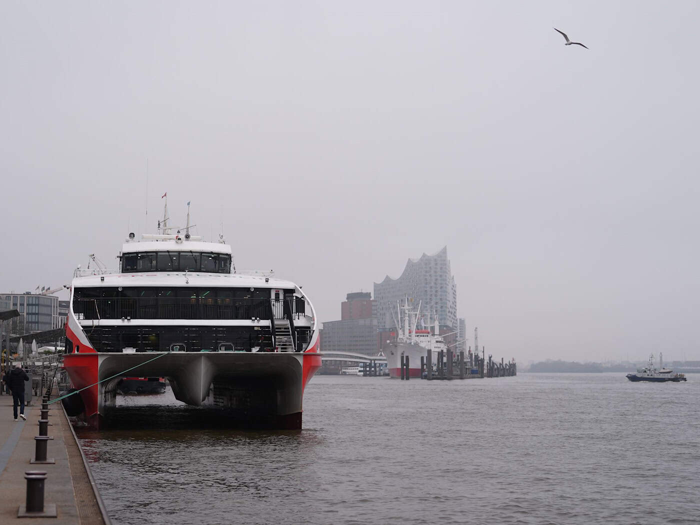 Wegen stürmischen Wetters auf der Nordsee können der «Halunder Jet» und andere Fährschiffe zurzeit nicht nach Helgoland fahren. (Archivbild) / Foto: Marcus Brandt/dpa