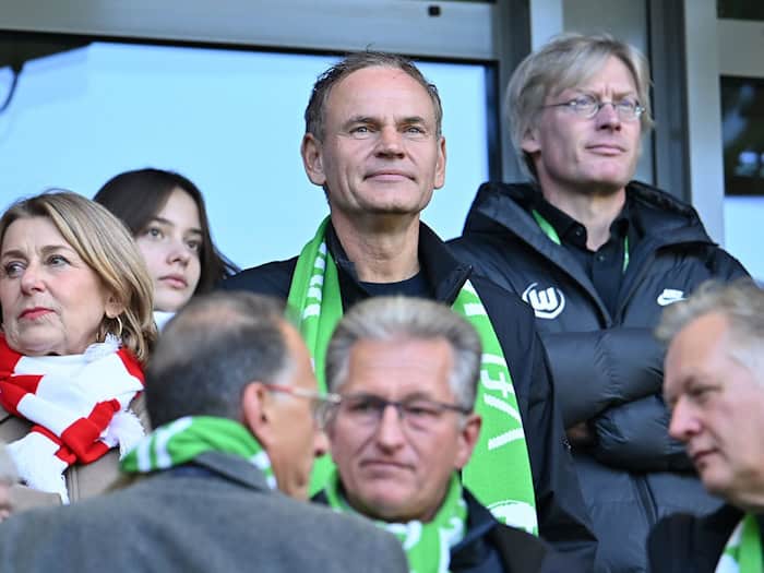 Oliver Blume (M), Vorstandsvorsitzender der Volkswagen AG, steht bei einem Spiel des VfL Wolfsburg auf der Tribüne. (Archivbild) / Foto: Swen Pförtner/dpa