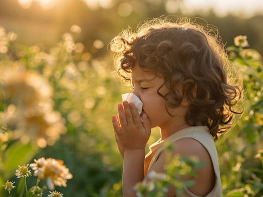Ein Kind niest in ein Taschentuch, umgeben von blühenden Blumen auf einer Wiese bei Sonnenuntergang – Symbol für Heuschnupfen bei Kindern.