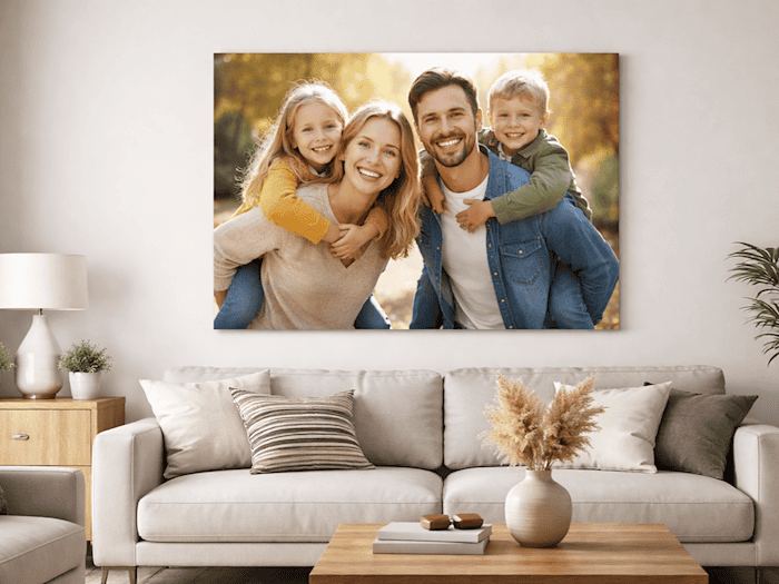 Familienfoto an der Wand auf Leinwand (Bild: KI generiert)