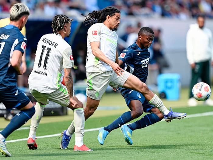Hoffenheims Bazoumana Touré (r.) macht Druck gegen Werder.  / Foto: Uwe Anspach/dpa