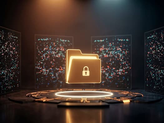 Leuchtender Ordner mit Vorhängeschloss-Symbol auf digitalem Hintergrund mit Datenströmen