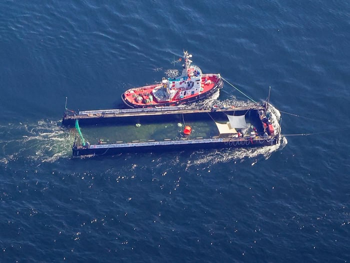 Der Buckelwal wurde in seiner Barge vom Schlepper Fortuna B entlang der dänischen Küste in Höhe unterhalb von Skagen, im sogenannten Skagerrak, durch die Ostsee gezogen. (Archivbild) / Foto: Christoph Reichwein/dpa