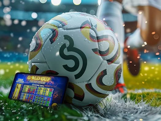 Freispiele zur Fußball-WM 2026: Fußball mit DIE SPIELBANK-Logo und Smartphone mit Gold Cup Power Spins Slot
