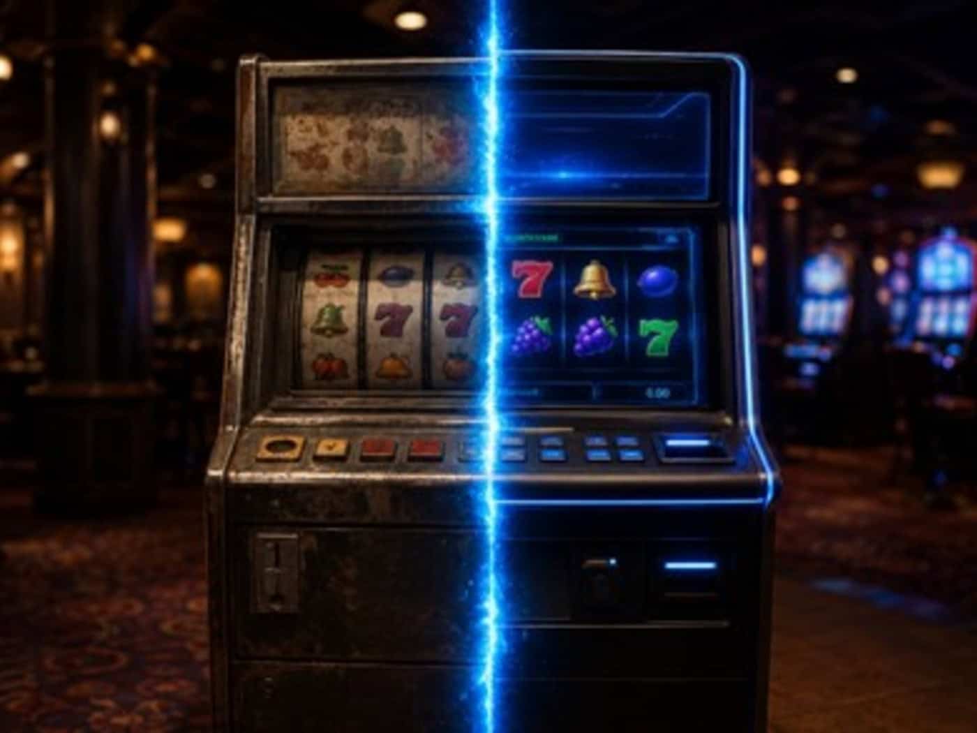 Symbolbild: Spielautomat mit blauem Lichtstreif – Trennlinie zwischen traditionellen und modernen Online-Casinos.