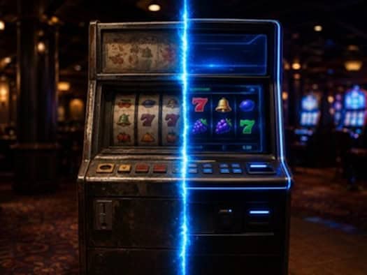 Symbolbild: Spielautomat mit blauem Lichtstreif – Trennlinie zwischen traditionellen und modernen Online-Casinos.