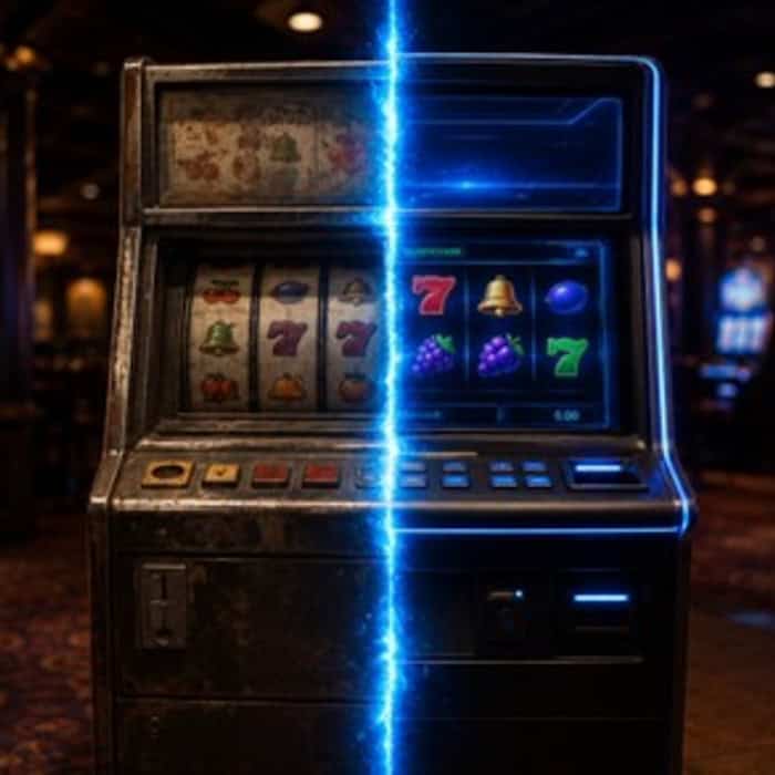 Symbolbild: Spielautomat mit blauem Lichtstreif – Trennlinie zwischen traditionellen und modernen Online-Casinos.
