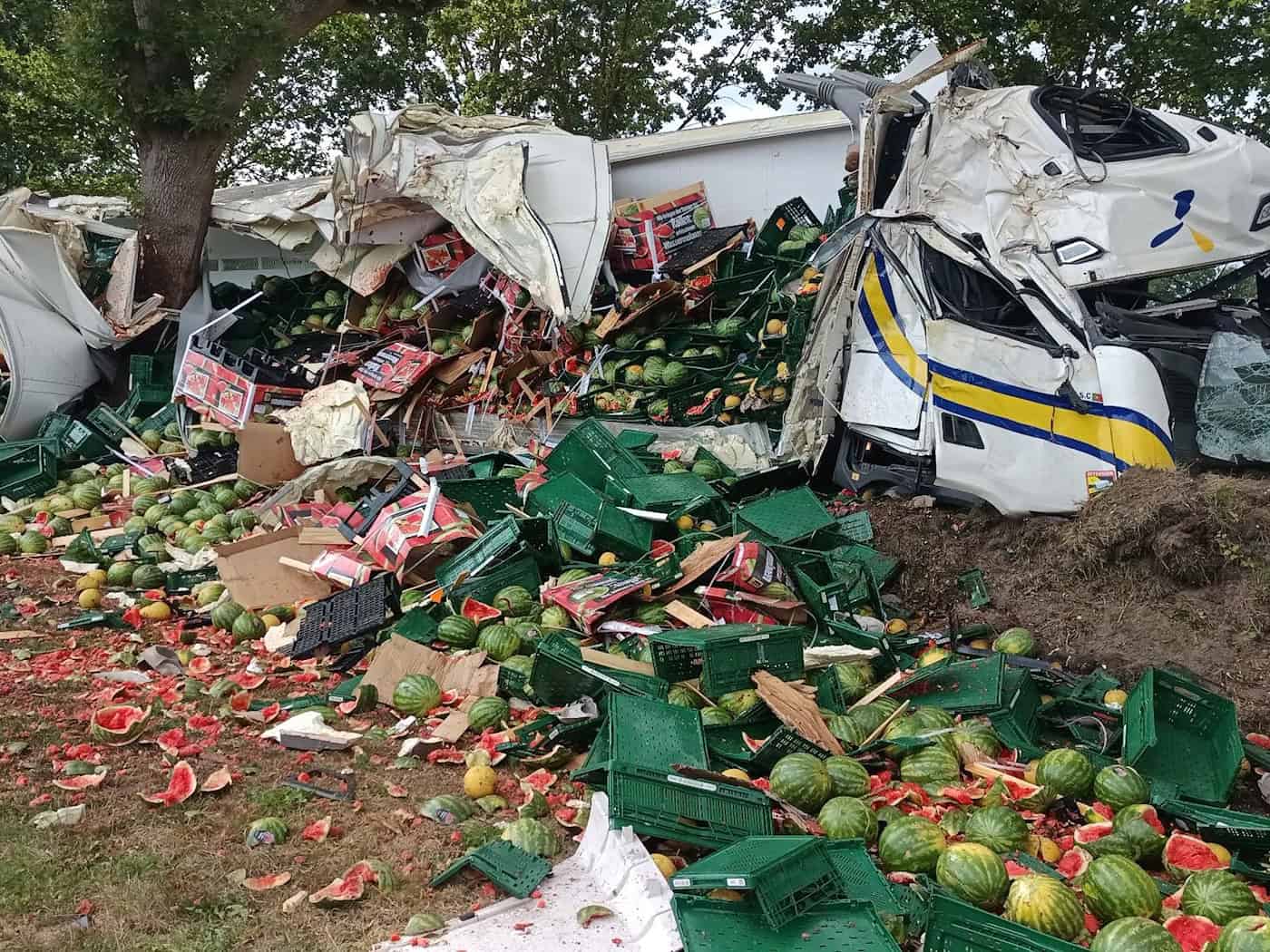 Mit Melonen beladener Lkw prallt gegen Baum