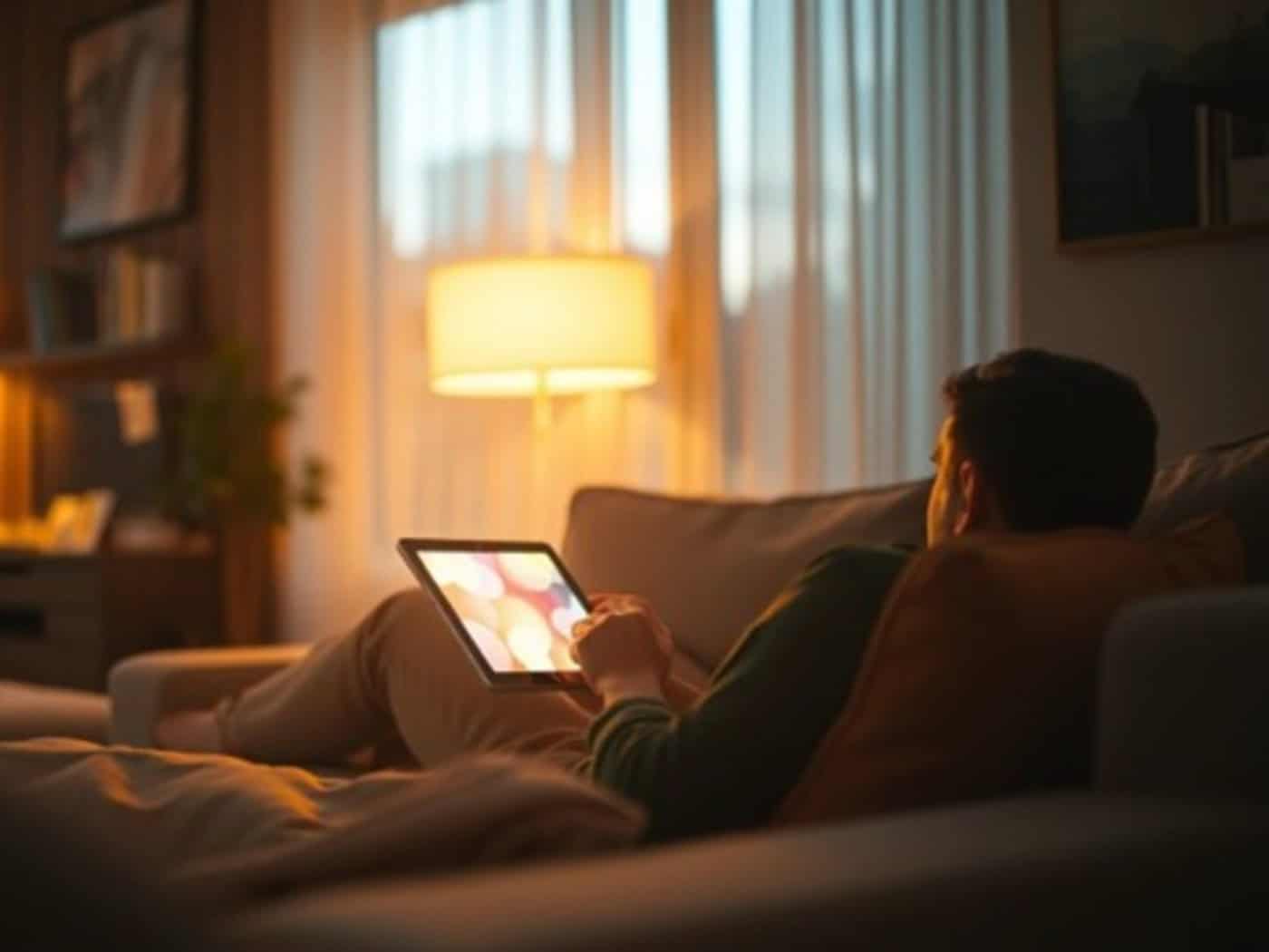 Person nutzt Tablet auf dem Sofa in gemütlicher Wohnzimmeratmosphäre.