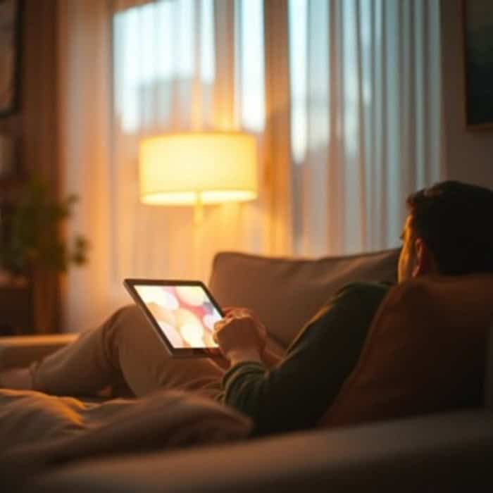 Person nutzt Tablet auf dem Sofa in gemütlicher Wohnzimmeratmosphäre.