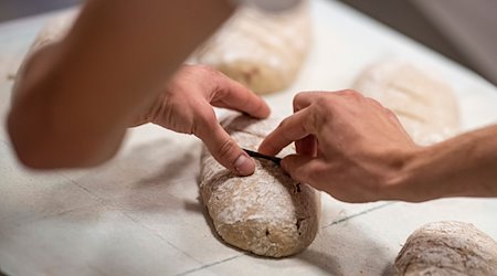 Ein Bäckergeselle arbeitet in Berlin an einem Brot. / Foto: Fabian Sommer/dpa/Archivbild