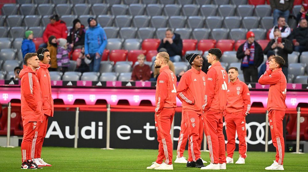 Die Bayern-Spieler um Joshua Kimmich (l) und Jamal Musiala (2.v.l.) begehen vor der Erwärmung den Rasen. / Foto: Sven Hoppe/dpa