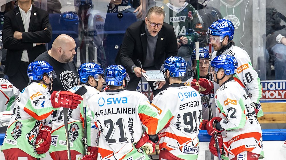 Trainer Christof Kreutzer von Augsburger Panther bespricht sich mit seinem Team. / Foto: Andreas Gora/dpa