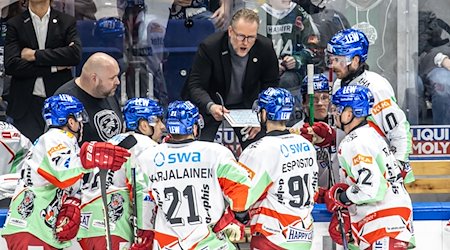 Trainer Christof Kreutzer von Augsburger Panther bespricht sich mit seinem Team. / Foto: Andreas Gora/dpa