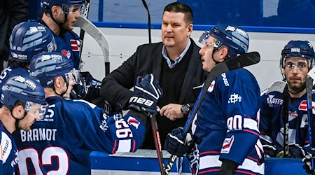 Trainer Tom Pokel von Straubing spricht mit seiner Mannschaft. / Foto: Armin Weigel/dpa/Archivbild