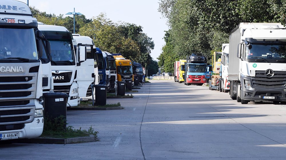 Lastwagen stehen an der Autobahn auf Lkw Parkplätzen. / Foto: Uli Deck/dpa