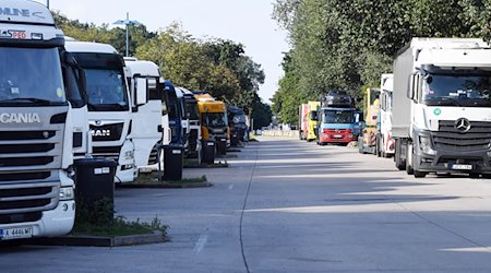 Lastwagen stehen an der Autobahn auf Lkw Parkplätzen. / Foto: Uli Deck/dpa