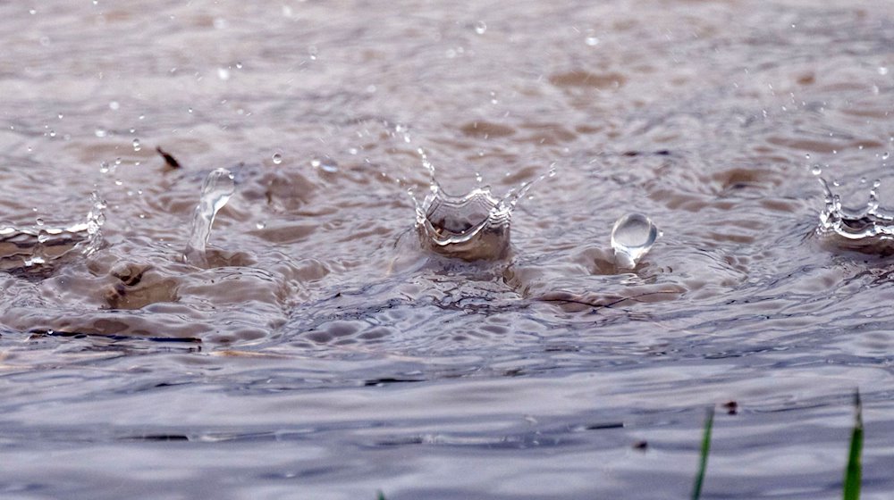 Wassertropfen fallen ins Hochwasser der Itz. Am Pegel Schenkenau gilt Meldestufe 2. Zahlreiche Wiesen zwischen Coburg und Bamberg sind erneut überschwemmt, auch erste Straßen über die Itz sind bereits für den Verkehr gesperrt. / Foto: Pia Bayer/dpa