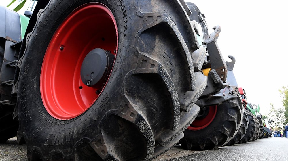 Traktoren von demonstrierenden Landwirten stehen am Treffpunkt einer Sternfahrt. / Foto: Carsten Rehder/dpa