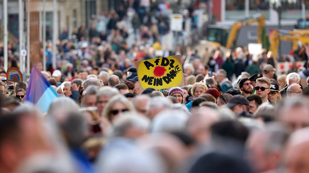 "AfD? NEIN DANKE " ist auf einem Plakat bei einer Demonstration gegen rechts in der Innenstadt zu lesen. / Foto: Karl-Josef Hildenbrand/dpa